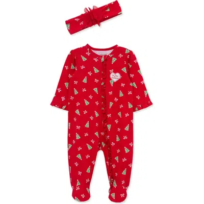Little Me Babies'  Pretty Trees Holiday Footie & Headband Set In Red