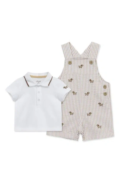 Little Me Babies'  Puppies Cotton Polo & Seersucker Overalls Set In Tan