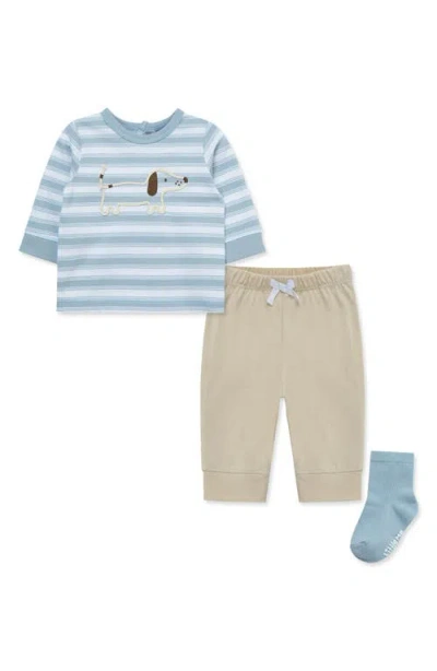 Little Me Babies'  Puppy Long Sleeve T-shirt, Joggers & Socks Set In Blue/tan