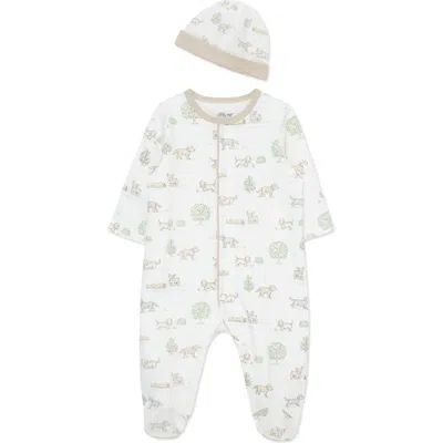 Little Me Babies'  Puppy Park Cotton Footie & Hat Set In Ivory