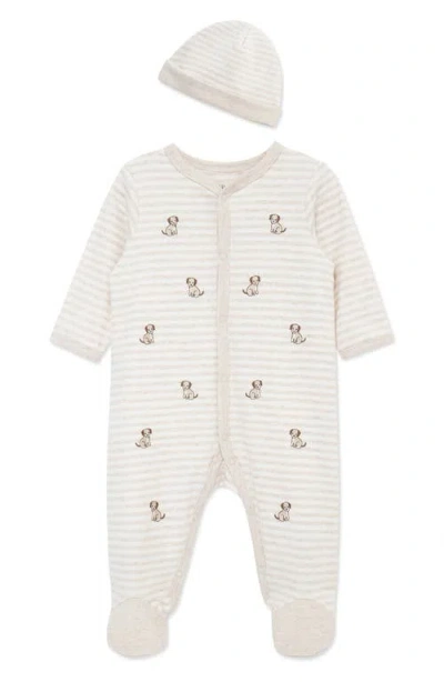 Little Me Babies'  Puppy Schiffli Embroidered Cotton Footie & Hat Set In Neutral