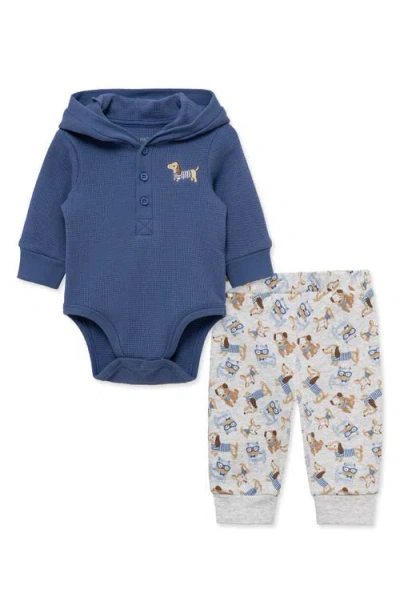 Little Me Babies'  Puppy Waffle Hooded Bodysuit & Knit Pants Set In Blue