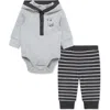 Little Me Raccoon Hooded Cotton Bodysuit & Pants Set In Gray