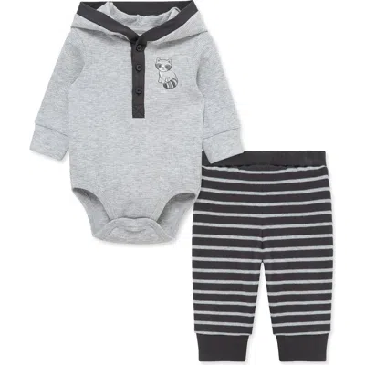 Little Me Babies'  Raccoon Hooded Cotton Bodysuit & Pants Set In Gray