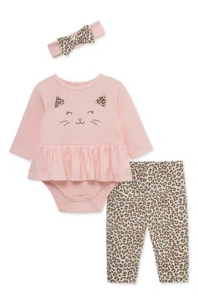 Little Me Babies'  Rib Ruffle Bodysuit, Leggings & Head Wrap Set In Pink