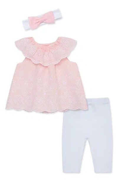 Little Me Rose Eyelet Tunic, Leggings & Headband Set In White/pink