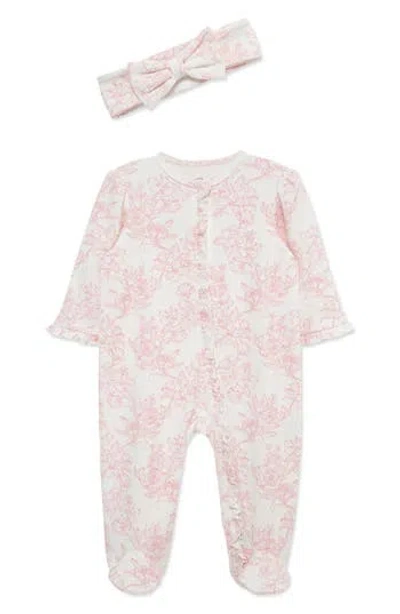 Little Me Babies'  Rose Hatch Footie & Headband Set In Pink