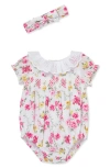 Little Me Rose Print Cotton Bubble Romper & Headband Set In Rose