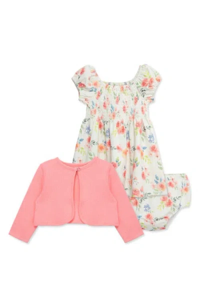Little Me Babies'  Rose Smocked Cotton Sundress, Pointelle Cardigan & Bloomers Set