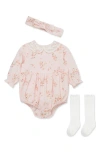 Little Me Rose Vine Bubble Bodysuit, Headband & Socks Set In Neutral