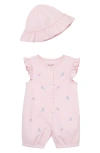 Little Me Rosebud Embroidered Cotton Romper & Hat Set In Pink
