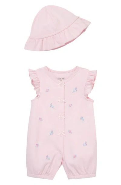 Little Me Babies'  Rosebud Embroidered Cotton Romper & Hat Set In Pink