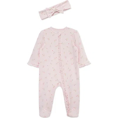 Little Me Babies'  Rosebud Footie & Headband Set In Pink