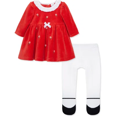 Little Me Babies'  Roses Velour Dress & Tights Set In Red