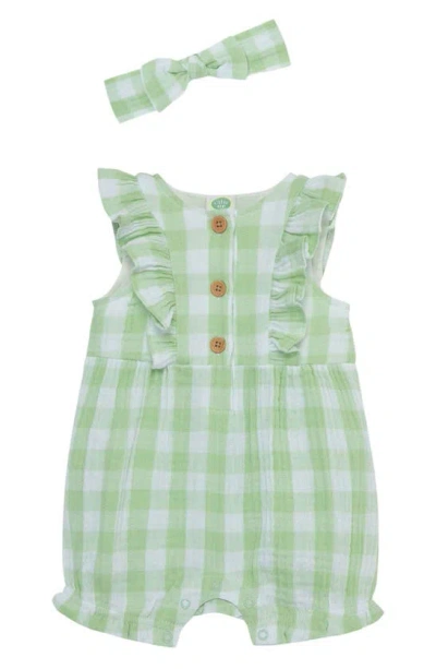 Little Me Babies' Ruffle Check Romper & Headband Set In Green