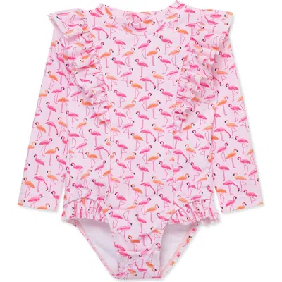 Little Me Babies'  Ruffle Flamingo Long Sleeve Rashguard Swimsuit In Pink