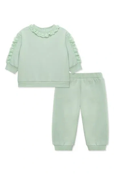 Little Me Babies'  Ruffle Lace Trim Sweatshirt & Joggers In Green