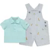 Little Me Safari Cotton Polo & Seersucker Overalls Set In Grey