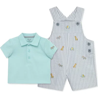 Little Me Babies'  Safari Cotton Polo & Seersucker Overalls Set In Grey