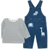 Little Me Safari Embroidered Overalls & Stripe Shirt Set In Blue