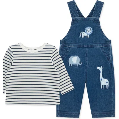 LITTLE ME LITTLE ME SAFARI EMBROIDERED OVERALLS & STRIPE SHIRT SET