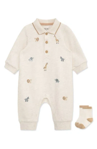 Little Me Babies'  Safari Polo Romper & Socks Set In Neutral