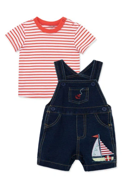 Little Me Babies'  Sailboat Stripe T-shirt & Shortalls Set In Blue