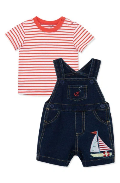 Little Me Babies' Sailboat Stripe T-shirt & Shortalls Set In Blue