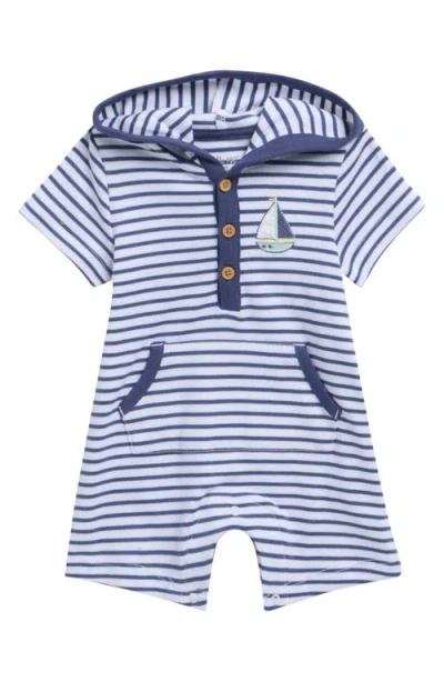 Little Me Babies'  Sailing Stripe Hooded Cotton Romper In Blue
