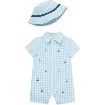 Little Me Babies'  Sailor Gingham Romper & Bucket Hat Set In Blue Check