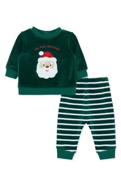 Little Me Babies'  Santa Velour Sweatshirt & Joggers Set In Green