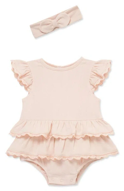 Little Me Babies'  Seashell Lace Bubble Bubble Romper & Headband Set In Nude