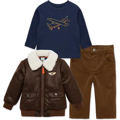 Little Me Babies'  Set Of 3 Aviator Graphic T-shirt, Corduroy Pants & Faux Leather Flight Jacket In Multi