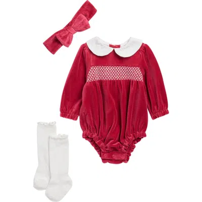 Little Me Babies'  Smocked Bubble Bodysuit, Socks & Headband Set In Red