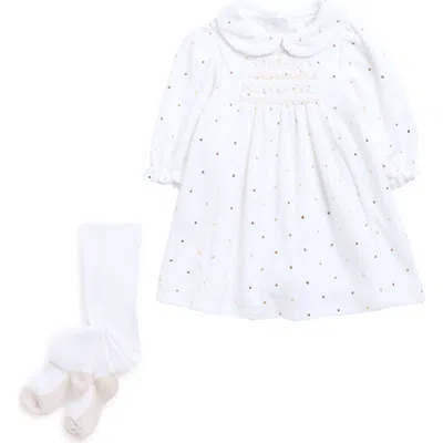 Little Me Babies'  Smocked Dots Dress & Tights Set In White