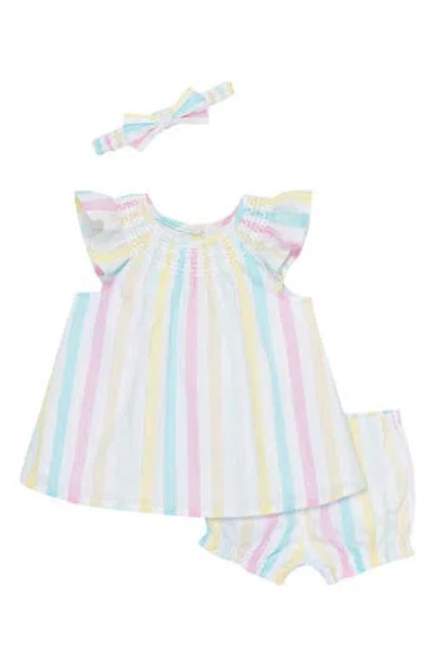 Little Me Babies'  Smocked Stripe Dress, Bloomers & Headband Set In Pink Multi
