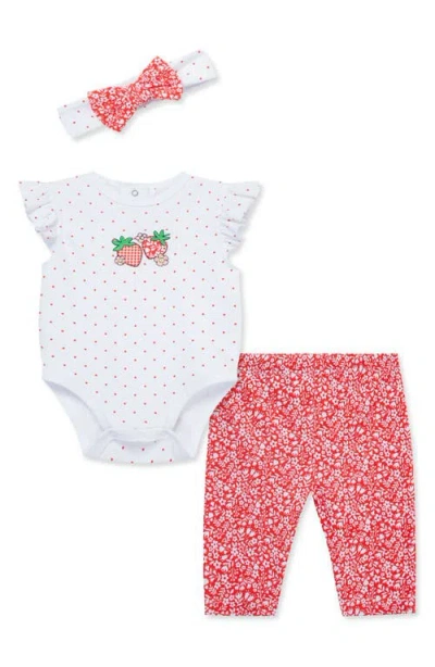 Little Me Babies'  Strawberry Bodysuit, Leggings & Headband Set In Multi
