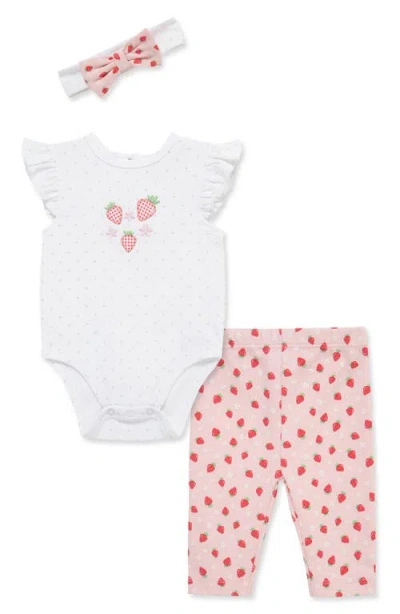 Little Me Babies'  Strawberry Bodysuit, Leggings & Headband Set In White