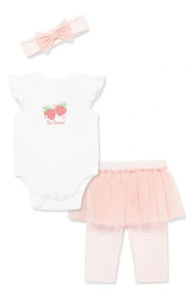 Little Me Babies'  Strawberry Bodysuit, Skirted Leggings & Headband Set In Pink