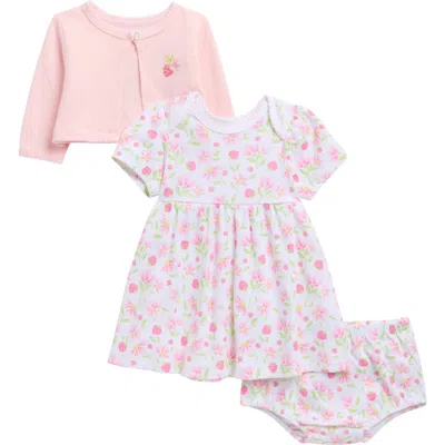 Little Me Babies'  Strawberry Knit Dress, Cardigan & Bloomers Set In Pink
