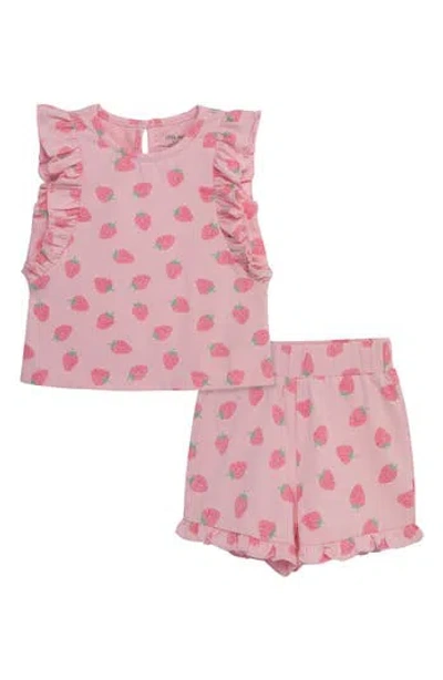 Little Me Strawberry Knit Ruffle Top & Shorts Set In Pink