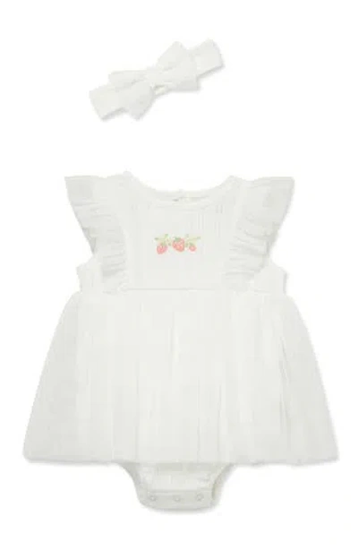 Little Me Babies'  Strawberry Popover Dress & Headband Set In Ivory