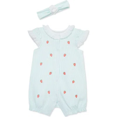 Little Me Babies'  Strawberry Romper & Headband Set In Blue