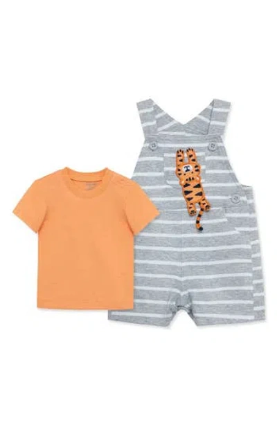 Little Me Stripe Appliqué Tiger Cotton Shortalls & T-shirt Set In Grey