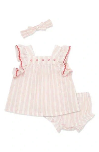 Little Me Stripe Cotton Ruffle Top, Bloomers & Headband Set In Pink