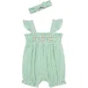 Little Me Stripe Floral Embroidered Cotton Bubble Romper & Headband Set In Green