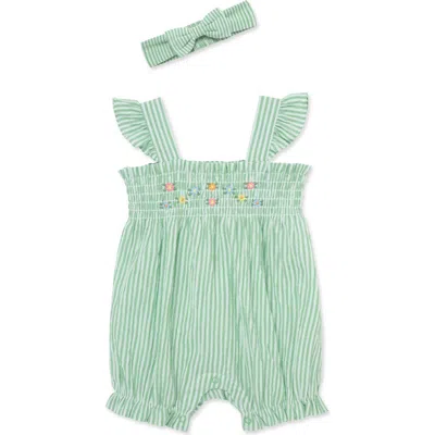 Little Me Babies'  Stripe Floral Embroidered Cotton Bubble Romper & Headband Set In Green
