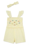 Little Me Stripe Floral Embroidered Cotton Romper & Headband Set In Yellow