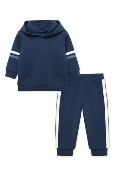 Little Me Babies'  Stripe Sleeve Pullover Hoodie & Pants Set In Blue