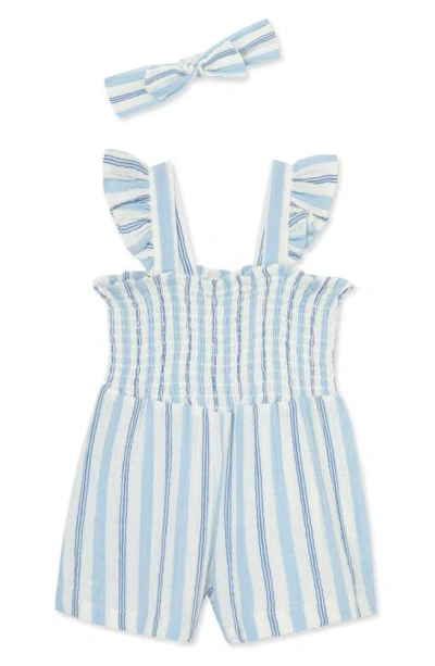 Little Me Babies'  Stripe Smocked Cotton Gauze Romper & Head Wrap Set In Blue